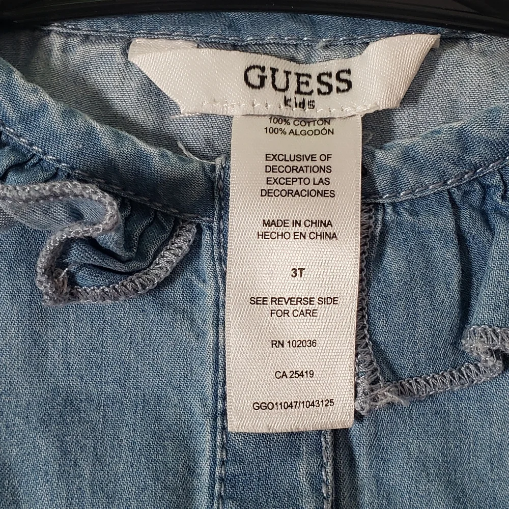 Vintage Guess Kids Denim Ruffles Tiered Bling Rheinstones Sheer Tie Fit Flare Dr